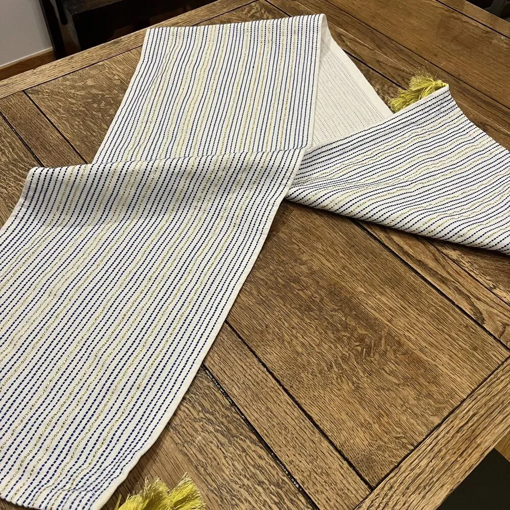 Tabitha Brown Target blue yellow Table Runner Kitchen Tassels 14x72 gold navy